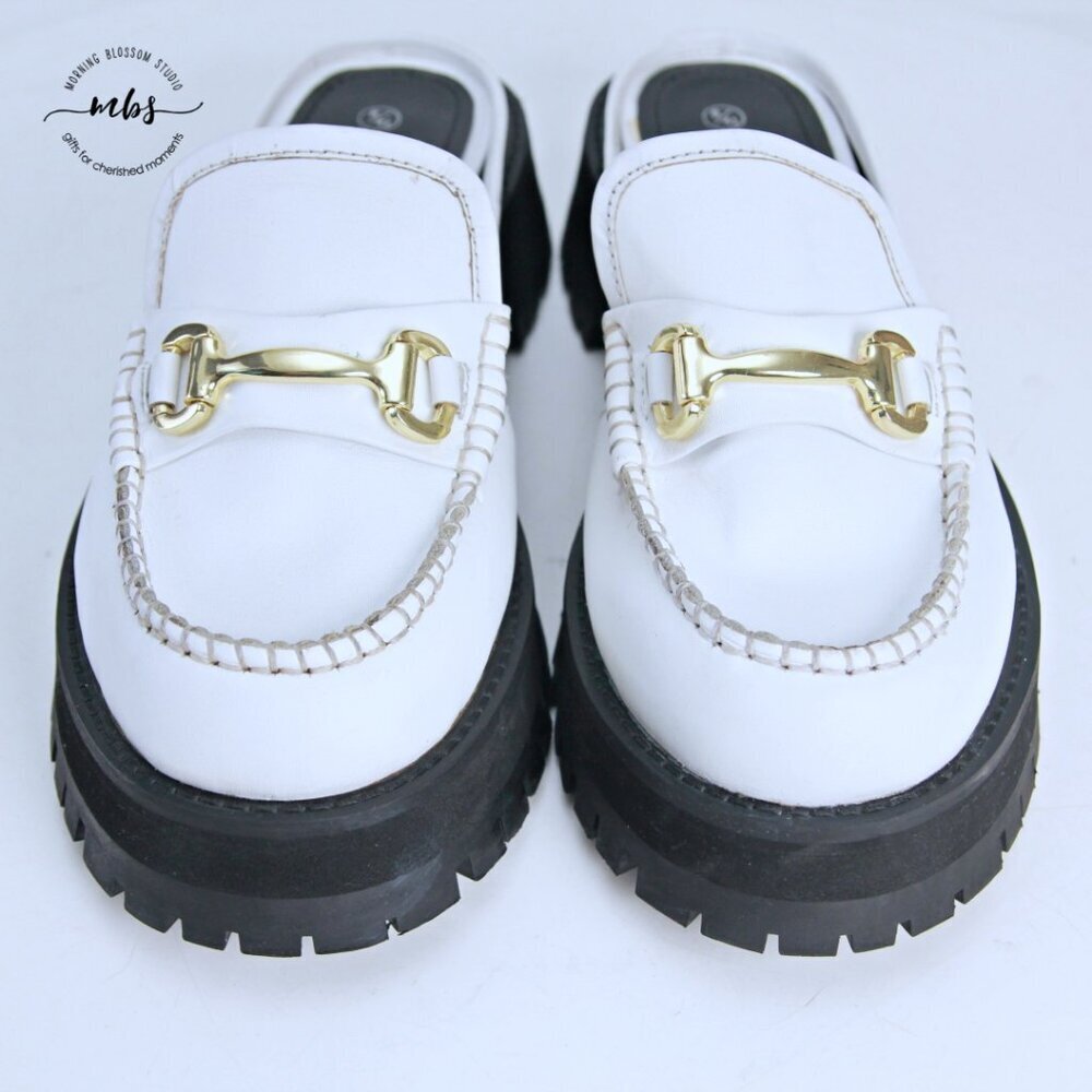 Nasty Gal Leather Chunky Backless Loafers White Gold Women UK 8 EU‎ 41 US 10 - Picture 10 of 15